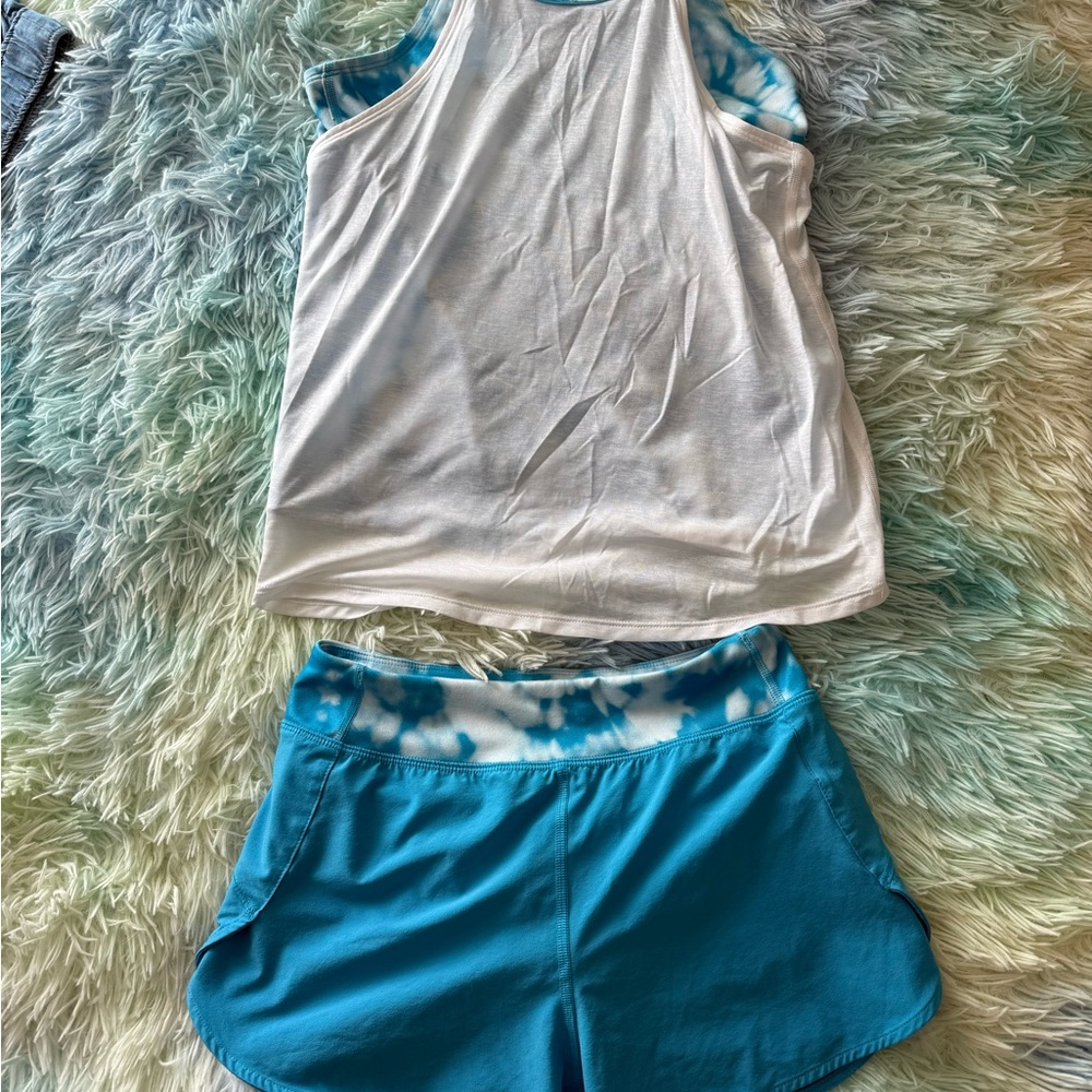Athleta Girl White and Blue Tie-Dye Tank with Blue Shorts